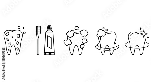Tooth Brushing Process, Dental Care Icons, Minimalist Line Art, White Background, Health Concept, Front View