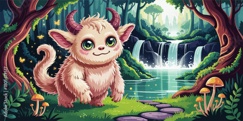 Cute furry monster in magical forest with glowing fireflies and waterfall, whimsical fantasy illustration for kids and stories