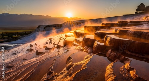 Sunset over the Travertine Terraces: Captured at golden hour, the scene showcases the natural beauty of cascading travertine terraces, filled with steaming water.