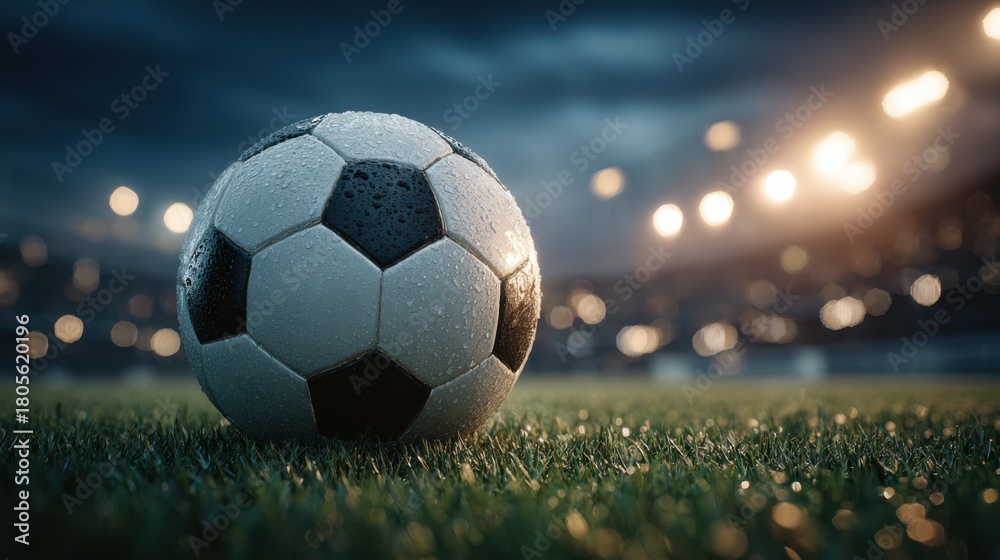 Fototapeta premium Close-Up of a Wet Soccer Ball on Grass Field