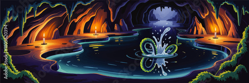 Fantasy underground lake cave with candles and water monster, mysterious glowing cavern landscape game background illustration