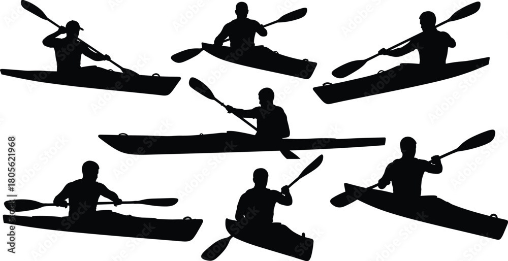 Obraz premium Kayak paddlers silhouettes in motion, six kayakers with double-blade paddles, dynamic rowing poses, water sport, outdoor recreation, adventure, vector illustration