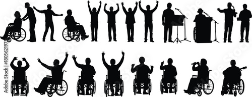 Inclusive performers with wheelchairs and standing figures, public speaking and music, accessible stage, diversity in disability representation, singing, speaking, vector silhouette illustration