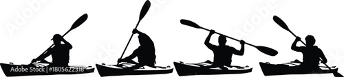 Kayaking silhouettes set, four paddlers in kayaks, double-blade paddles, dynamic stroke positions, flat black vector, water sports, minimalist illustration, outdoor recreation activity