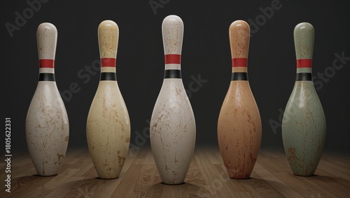 Five distressed colorful bowling pins on a rustic wooden floor