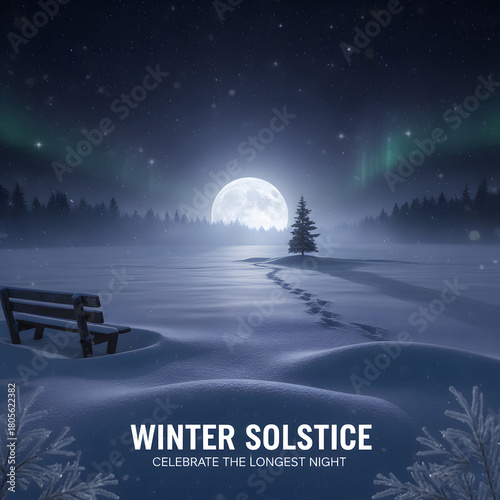 Peaceful winter solstice night with full moon and aurora borealis