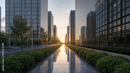 Modern urban street with glass skyscrapers and reflective pathway.