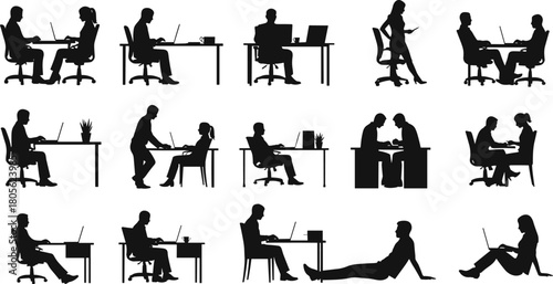 Office work silhouettes, people at desks with laptops and computers, business meeting, teamwork, remote work, black vector icons for workplace scenes