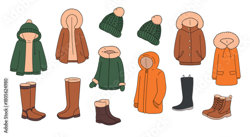 Winter clothing coats, boots and hats in isometric style illustration