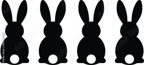 Rabbit silhouettes in row, four bunnies with white tails, minimal vector, Easter theme, spring design, cute animal pattern, black and white