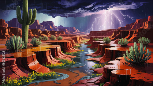 Dramatic desert canyon thunderstorm with lightning over red rock river and cacti, vibrant landscape illustration for nature backgrounds
