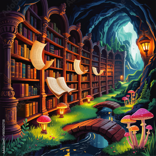 Enchanted cave library with glowing mushrooms, magic books and lanterns over a winding stream in vibrant fantasy forest illustration