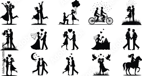Romantic couple silhouette icons grid, fifteen love scenes, dancing, proposal, tandem bicycle, kissing, horseback ride, hearts, balloons, castle, vector illustrations
