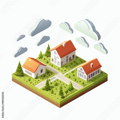 Isometric illustration of suburban houses and clouds, representing a residential neighborhood in a vibrant, green environment