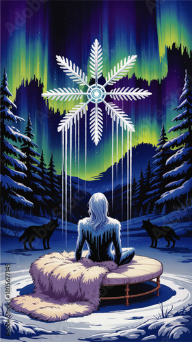 Mystical winter queen under aurora borealis with giant snowflake mandala, wolves and snowy pine forest, fantasy night illustration