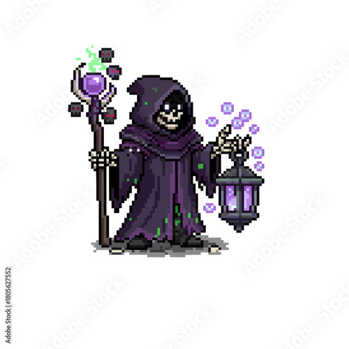 pixel art warlock gathering souls inside glowing lantern

