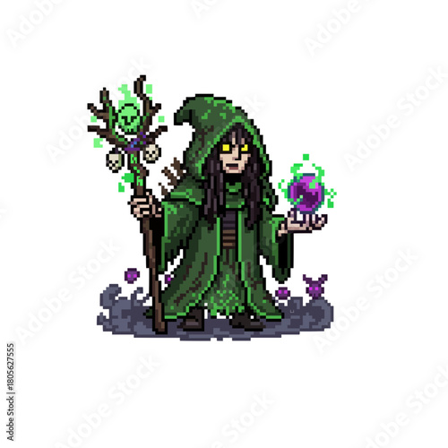 pixel art cursed forest witch controlling eerie nature