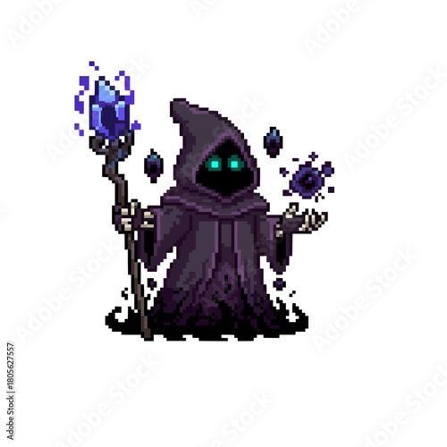 pixel art void sorcerer emerging from collapsing dimension