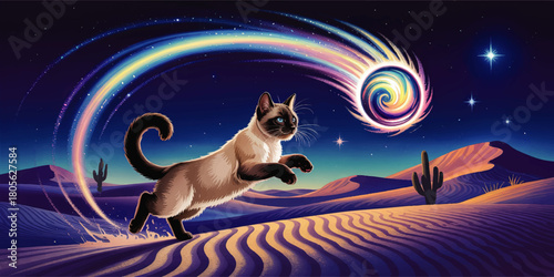 Magical siamese cat chasing rainbow comet in surreal desert night sky, colorful cosmic fantasy landscape illustration
