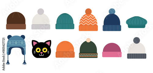 Winter hats vector with warm wool beanies and earflap styles cold weather apparel design