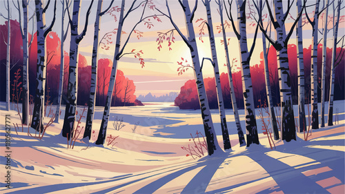 Winter birch forest landscape illustration at sunrise with snow shadows and pink sunset sky over frozen river