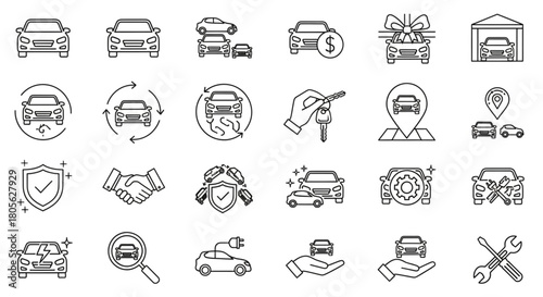 Car Maintenance and Repair Icons Set, Automotive Service Tools and Procedures, Vector Illustration with Garage and Security Elements