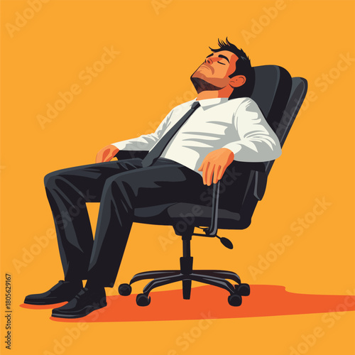 overload - overwhelmed by job concept. business man sleeping on chair,  fatigue tired, low energy,  exhausted, sleepy drunk. , vector style simple color