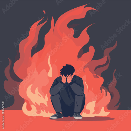 frustrated man. unsolved problem, stressful crisis, bankruptcy mistake, burning fire,  mental health, help support concept , vector style simple color
