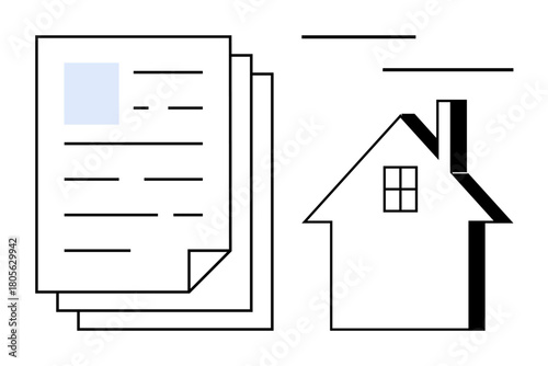 Stack of formal papers next to simplistic house outline. Ideal for real estate, contracts, documentation, mortgage, housing, property management, and legal forms. Simple flat metaphor