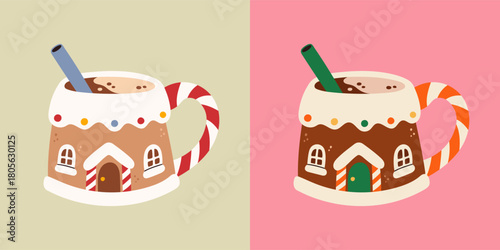 Vector illustration of cute Christmas mug shaped like gingerbread houses with candy cane handles and hot chocolate inside in two colors. Festive holiday design for cards, stickers, and seasonal decor