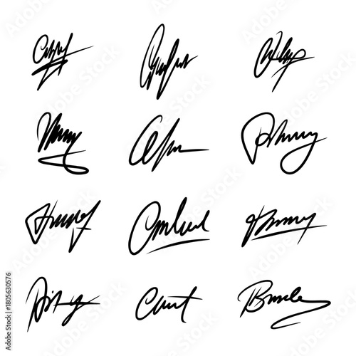 Abstract Black Ink Signature Autograph Hand Drawn Lettering Collection Set