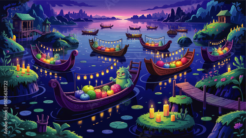 Magical night river with cute monster boats, colorful glowing fruits and lanterns in whimsical fantasy landscape illustration