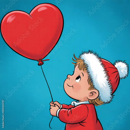 Young Child With Red Heart Balloon: A heartwarming illustration showcases a young child in a festive ensemble, gazing adoringly at a vibrant red heart-shaped balloon, symbolizing love, affection.