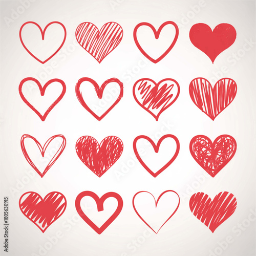 Expressing Affection: A set of hand-drawn red hearts, each with its unique charm, radiates love and affection, perfect for conveying emotions. 