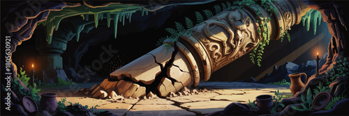 Ancient Ruined Column in Mysterious Underground Cave, Fantasy Adventure Background with Torches, Vines and Cracked Stone Floor