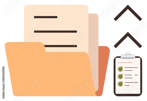 An open folder, documents inside, checklist with green checkmarks, and upward arrows. Ideal for productivity, organization, workflow, data management tasks archiving planning. Simple flat metaphor