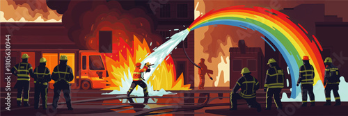 Brave firefighters battling city building fire with rainbow water hose, emergency rescue team illustration, heroic night scene