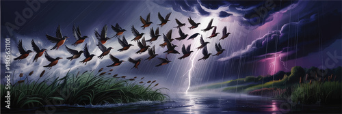 Flock of birds escaping thunderstorm over lake, dramatic lightning night sky, dark storm clouds, rain and wetlands landscape illustration