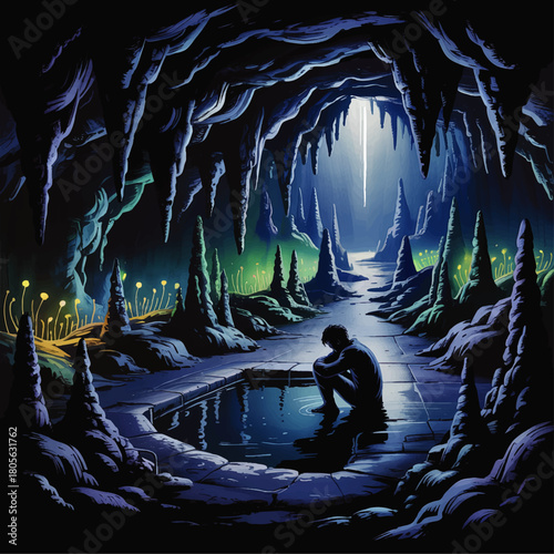 Lonely figure in mystical cave by underground pool, moody fantasy landscape with glowing fungi and dramatic stalactites