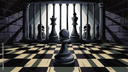 Dramatic chess strategy illustration with pawn facing royal pieces in dark castle corridor, conceptual leadership and decision making