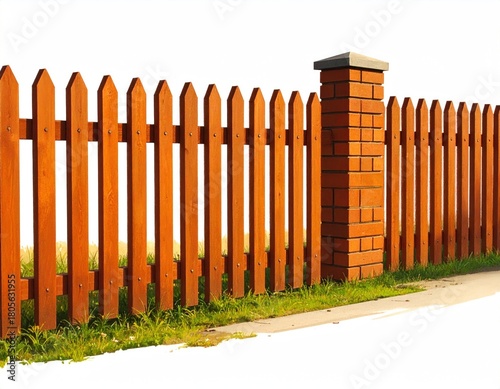Wooden fence with brick post, beside grassy verge and pavement