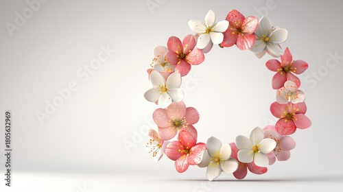 Pink and white flowers form a ring on a white surface. The flowers are close together. AI.