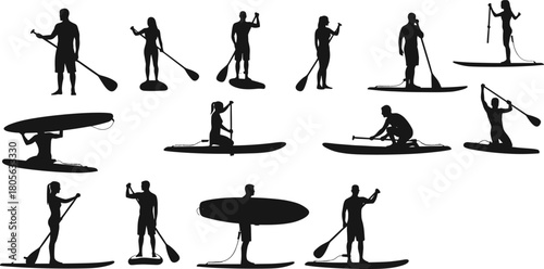 Stand-up paddleboarding silhouettes in various poses, black vector icons of SUP sport, outdoor water activity, paddling, balance, recreation