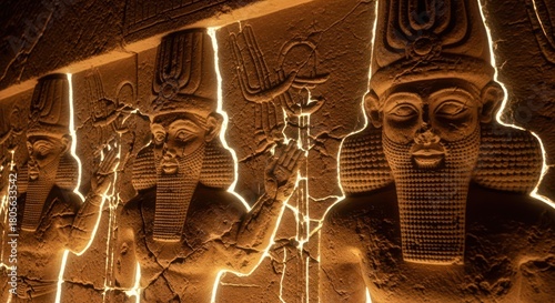 Ancient Egyptian carved statues, illuminated with bright highlights, showcasing rich cultural and