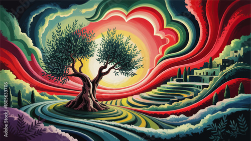 Surreal Mediterranean landscape with ancient olive tree, colorful terraced hills, abstract sunset sky and dreamy village illustration