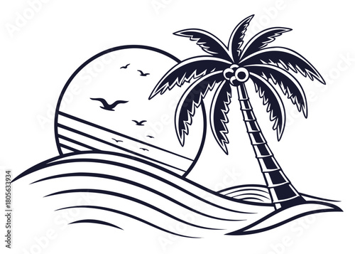 Tropical island paradise illustration with palm tree ocean and seagulls
