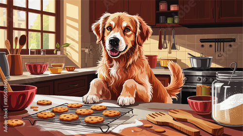Happy golden retriever in cozy kitchen with homemade cookies on cooling rack, cute dog baking illustration, warm morning light