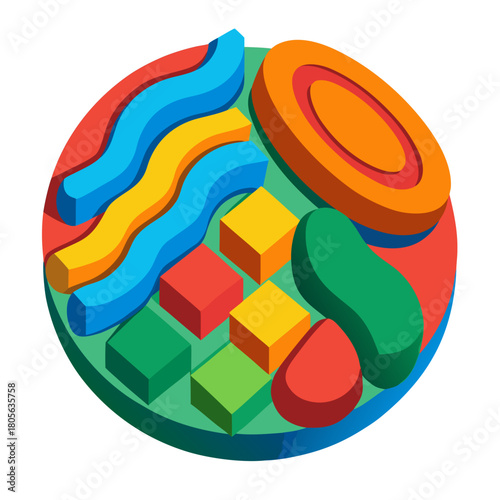 Vibrant isometric food arrangement with cubes, waves, and shapes, perfect for healthy eating concepts or modern abstract design projects, visually engaging