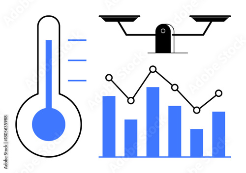 Thermometer indicating temperature levels, balance scale for measurement, and bar graph with line chart for data trends. Ideal for science, analytics, scales, measurement, research, statistics