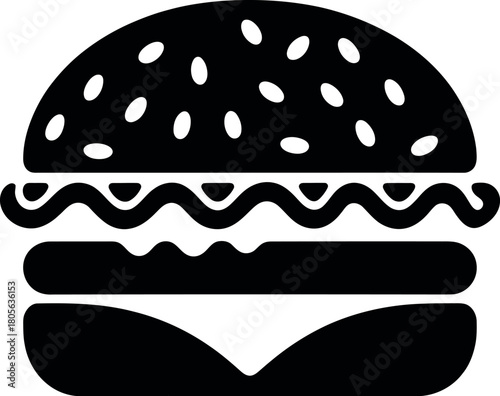 Black burger icon with sesame seeds hamburger white